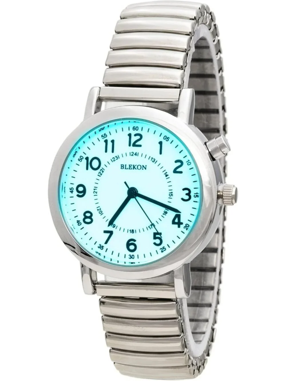 Women's Silver Analog Display Push Button Glossy Expansion Band Wrist Watch